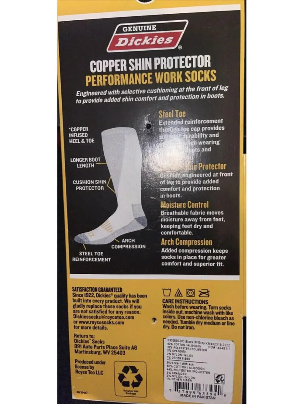 2 PAIRS DICKIES COPPER SHIN PROTECTOR BOOT LENGTH SOCKS MENS 6-12 BLUE & BLACK